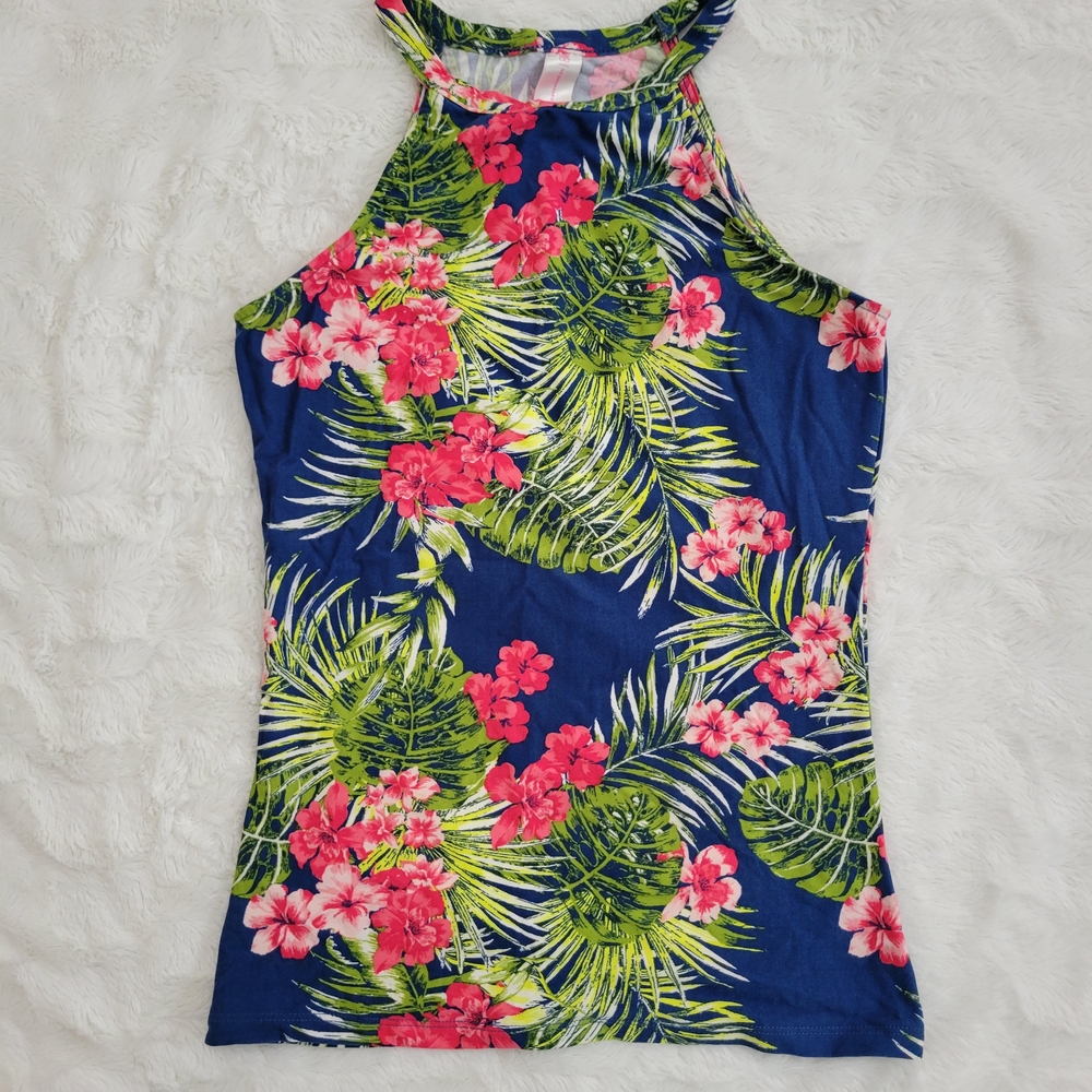 No Boundaries Tropical Floral Tank Top - Blue and Pink